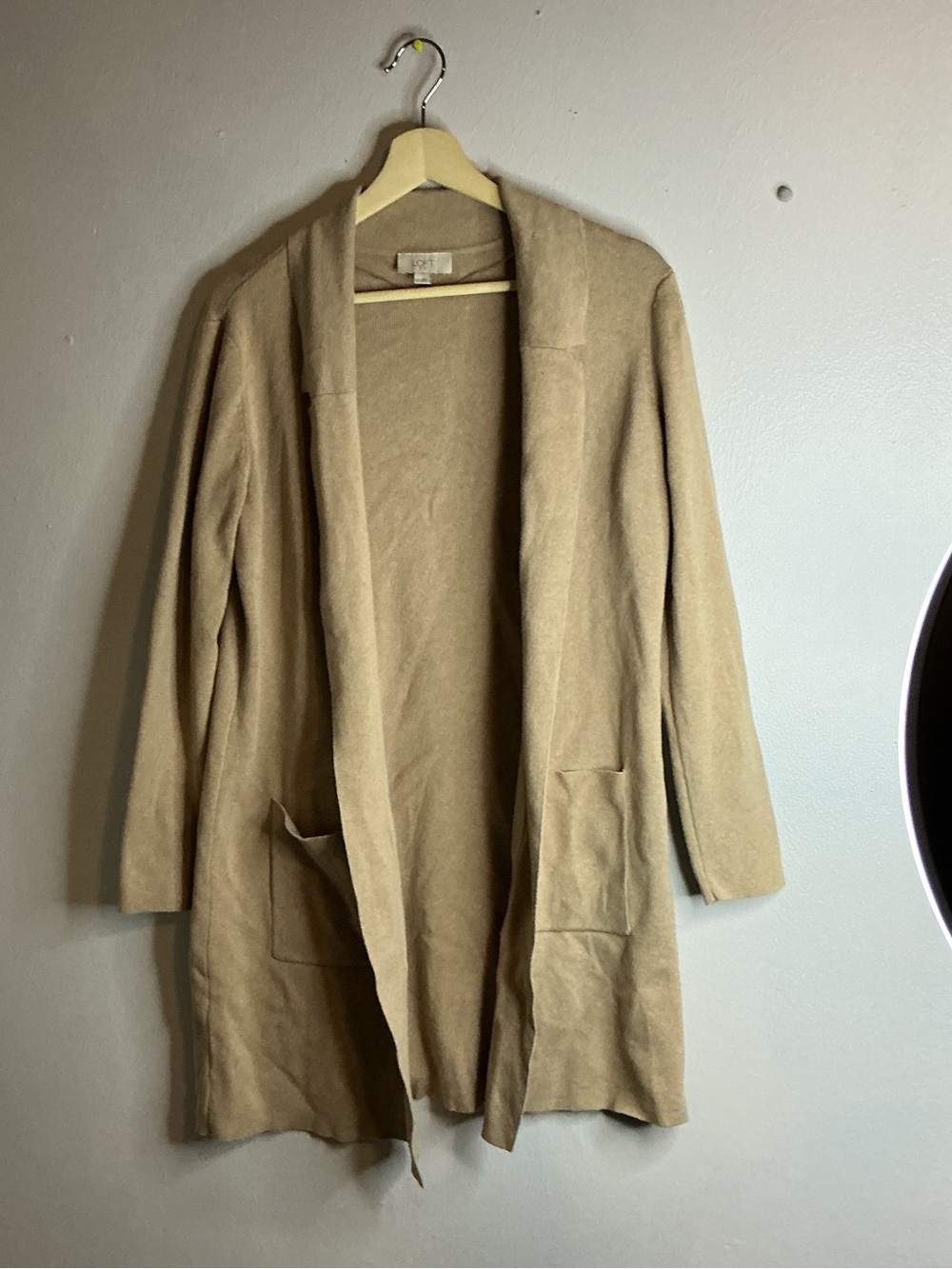 Loft Outlet Open Front Minimalist Light Brown Cotton Cardigan with Pockets